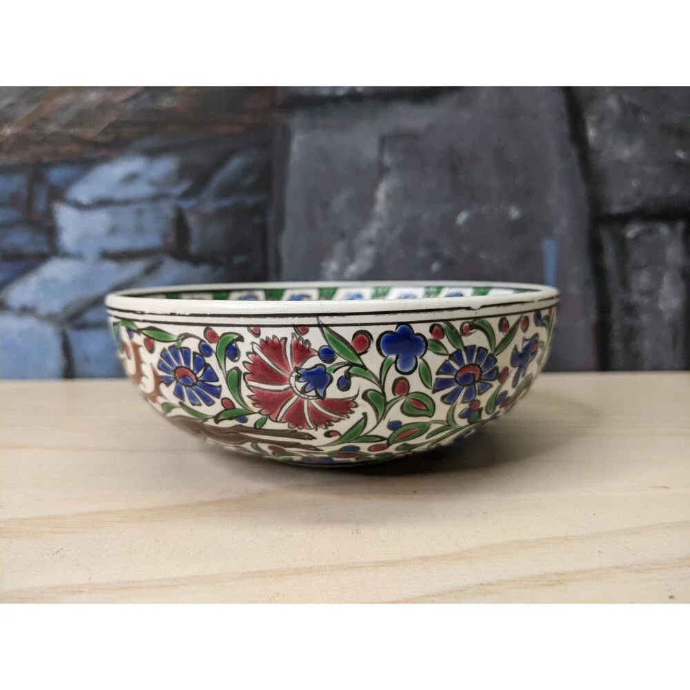 Hand painted Signed Small Turkish Bowl Red Green Floral Deer Trinkets Jewelry